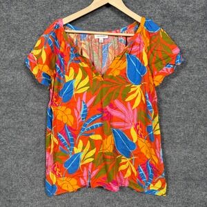 Calligraphie Plus Size 2X Split Neck Top Blouse Orange Linen Blend Short Sleeves